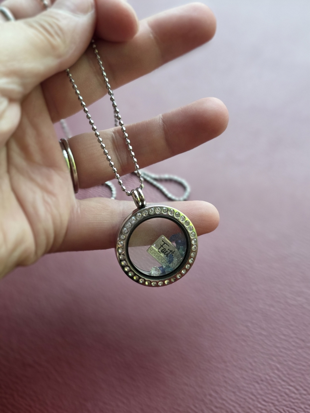 Floating Locket Necklace with Rhinestone Frame - Silver